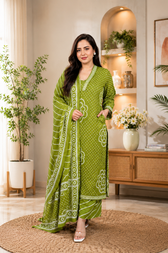 Olive green lahariya cotton kurta pant with dupatta