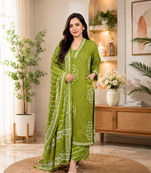 Olive green lahariya cotton kurta pant with dupatta