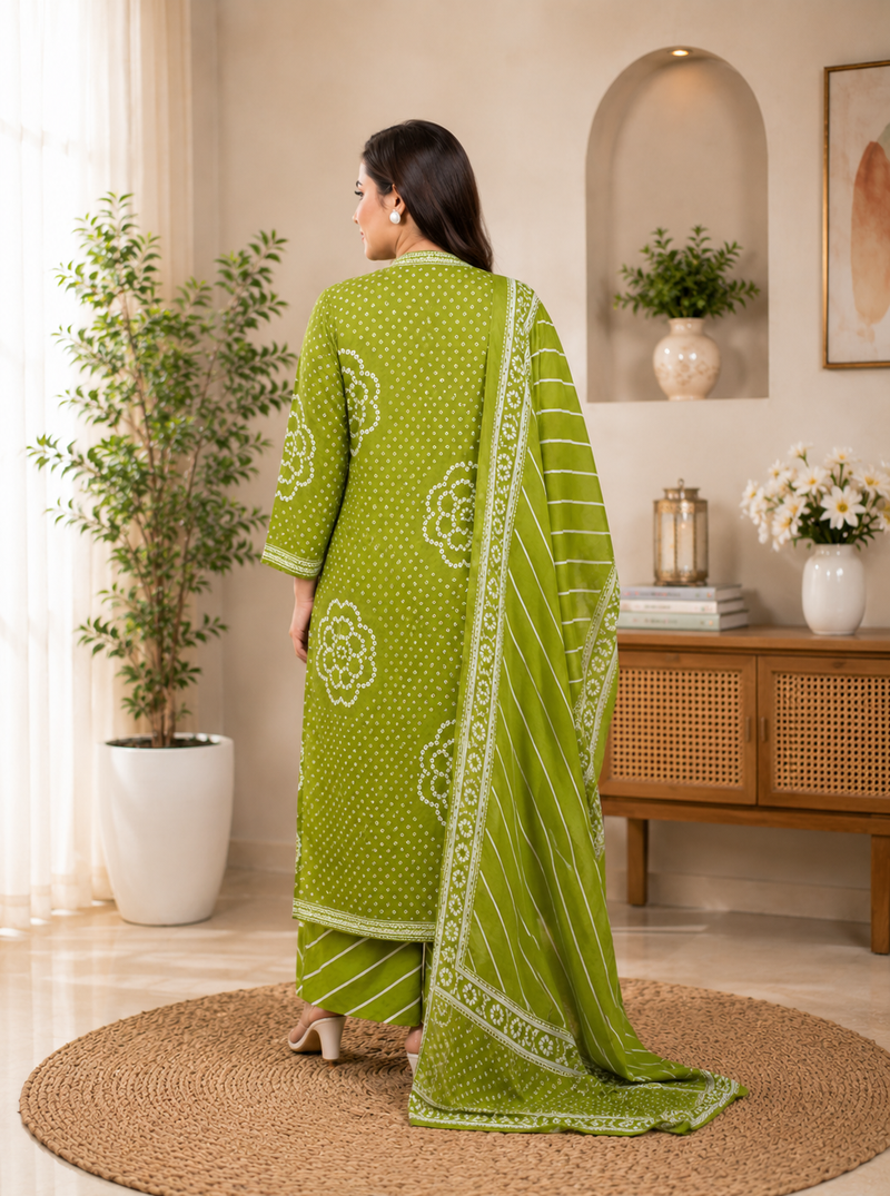 Olive green lahariya cotton kurta pant with dupatta