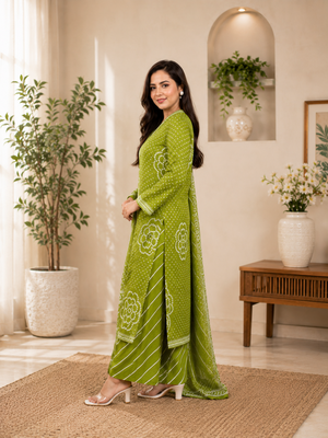 Olive green lahariya cotton kurta pant with dupatta 3
