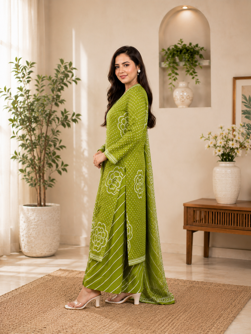 Olive green lahariya cotton kurta pant with dupatta