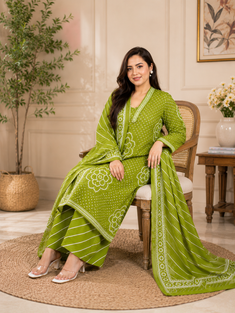 Olive green lahariya cotton kurta pant with dupatta