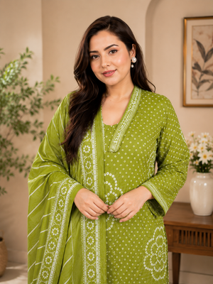 Olive green lahariya cotton kurta pant with dupatta 5