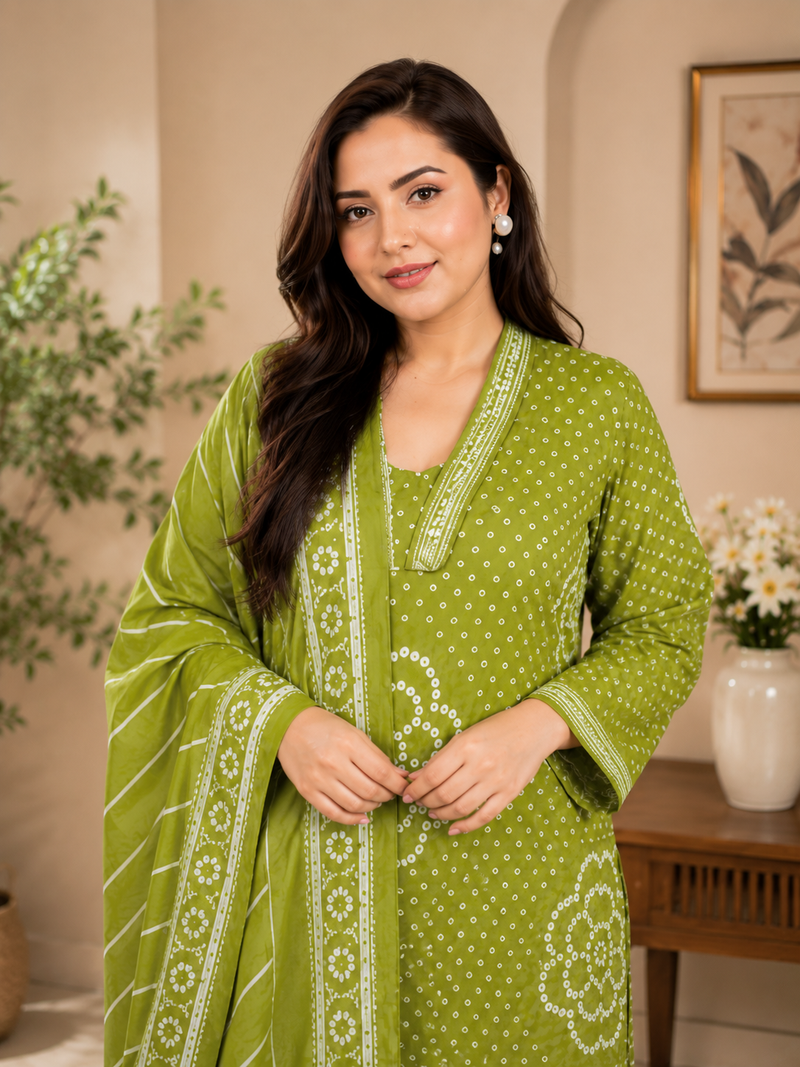 Olive green lahariya cotton kurta pant with dupatta