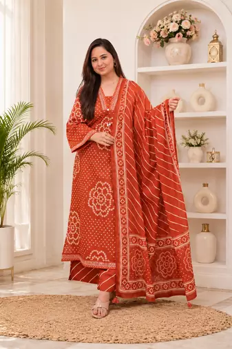 Rust orange lahariya cotton kurta pant with dupatta