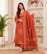 Rust orange lahariya cotton kurta pant with dupatta