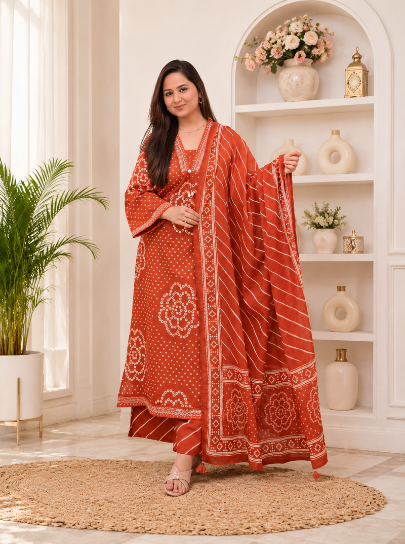 Rust orange lahariya cotton kurta pant with dupatta