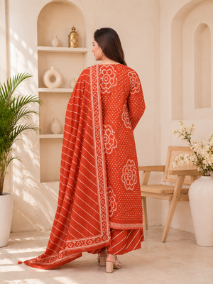 Rust orange lahariya cotton kurta pant with dupatta 2