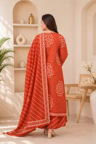 Rust orange lahariya cotton kurta pant with dupatta
