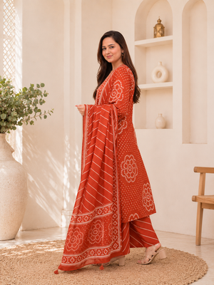 Rust orange lahariya cotton kurta pant with dupatta 3