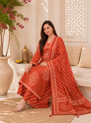 Rust orange lahariya cotton kurta pant with dupatta 4