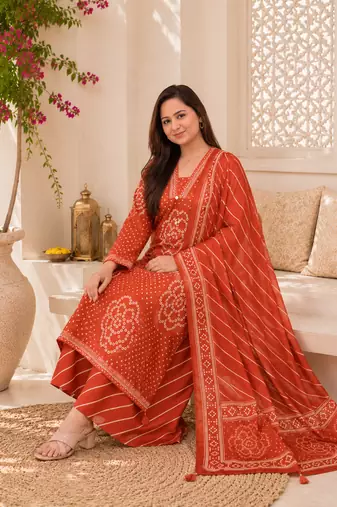 Rust orange lahariya cotton kurta pant with dupatta