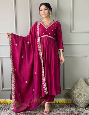 Wine vichitra embroidered ethnic kurta pant dupatta set 1
