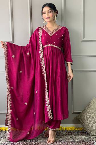 Wine vichitra embroidered ethnic kurta pant dupatta set