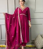 Wine vichitra embroidered ethnic kurta pant dupatta set