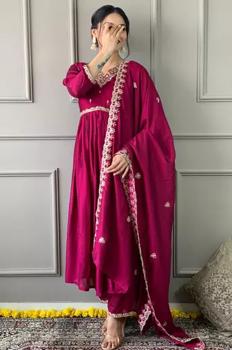 Wine vichitra embroidered ethnic kurta pant dupatta set