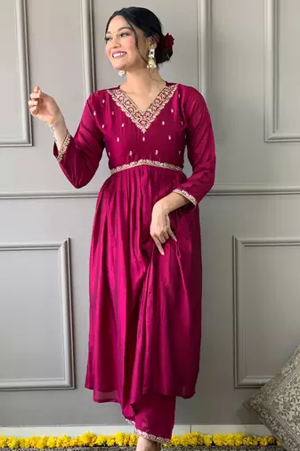 Wine vichitra embroidered ethnic kurta pant dupatta set
