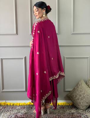 Wine vichitra embroidered ethnic kurta pant dupatta set 4