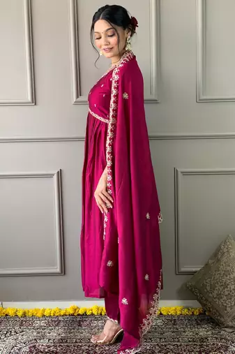 Wine vichitra embroidered ethnic kurta pant dupatta set
