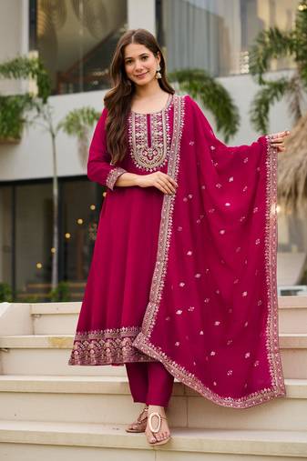 Rani pink vichitra embroidered ethnic kurta pant dupatta set