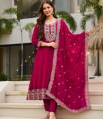 Rani pink vichitra embroidered ethnic kurta pant dupatta set