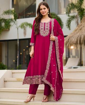 Rani pink vichitra embroidered ethnic kurta pant dupatta set 2