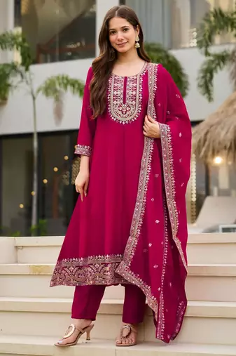 Rani pink vichitra embroidered ethnic kurta pant dupatta set