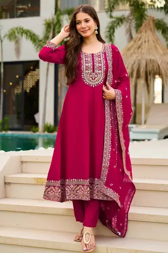 Rani pink vichitra embroidered ethnic kurta pant dupatta set