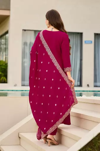 Rani pink vichitra embroidered ethnic kurta pant dupatta set
