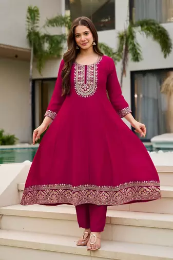 Rani pink vichitra embroidered ethnic kurta pant dupatta set