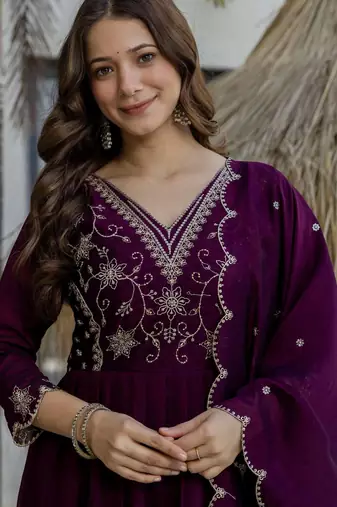 Deep wine purple vichitra silk blend embroidered kurta pant dupatta set