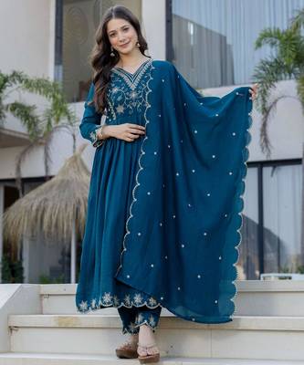 Teal blue vichitra silk blend embroidered kurta pant dupatta set 1