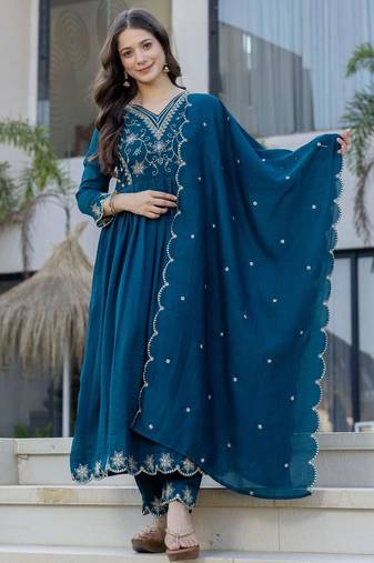 Teal blue vichitra silk blend embroidered kurta pant dupatta set