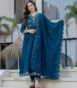 Teal blue vichitra silk blend embroidered kurta pant dupatta set