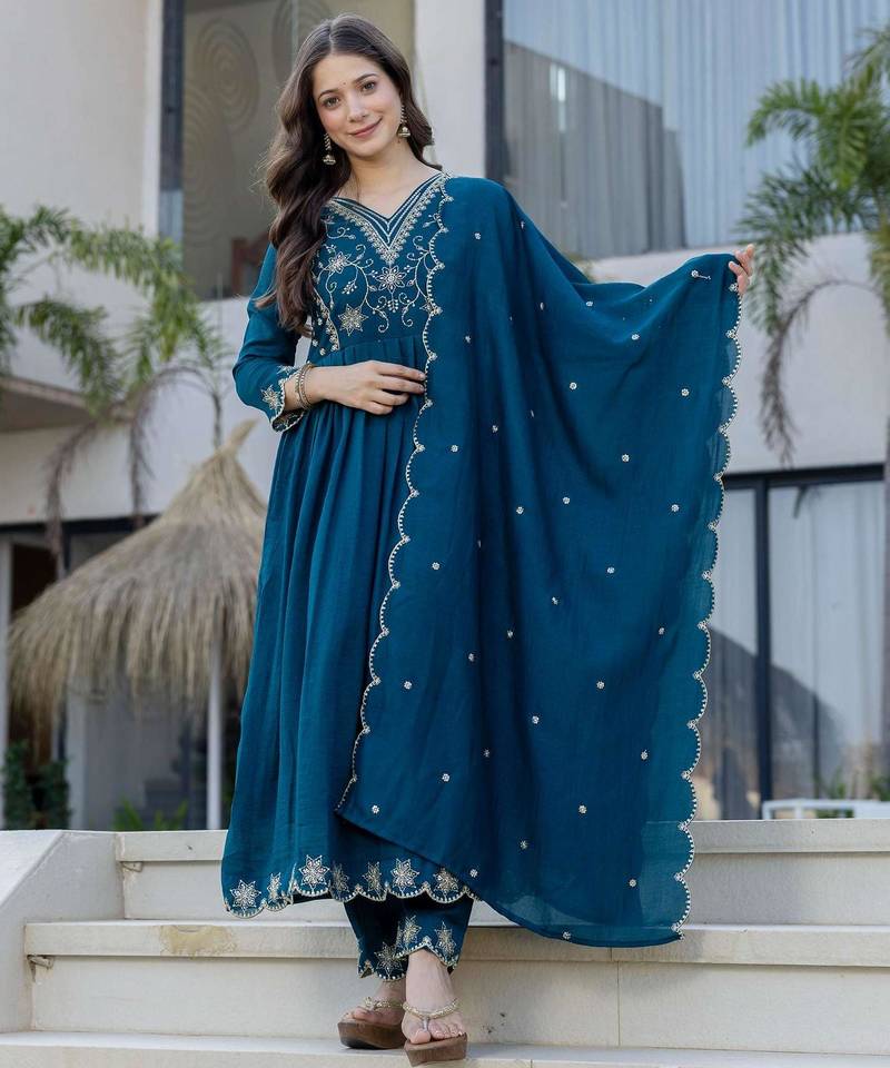 Teal blue vichitra silk blend embroidered kurta pant dupatta set