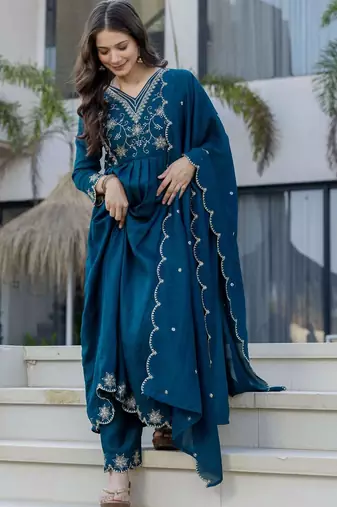 Teal blue vichitra silk blend embroidered kurta pant dupatta set