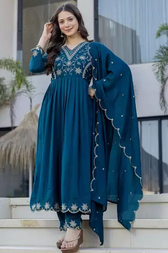 Teal blue vichitra silk blend embroidered kurta pant dupatta set