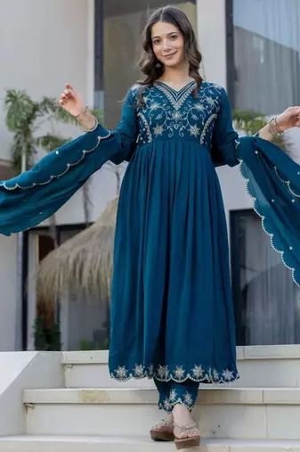 Teal blue vichitra silk blend embroidered kurta pant dupatta set