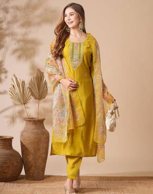 Mustard yellow chanderi cotton embroidered kurta pant dupatta set 1