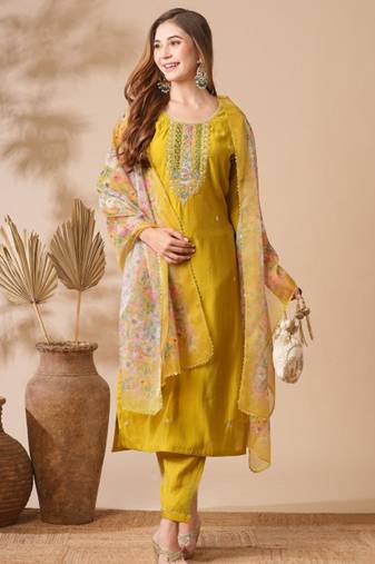 Mustard yellow chanderi cotton embroidered kurta pant dupatta set