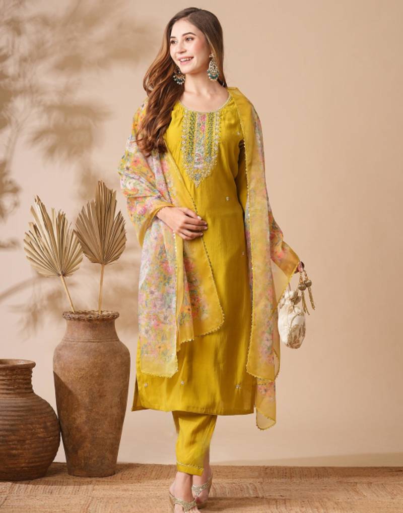 Mustard yellow chanderi cotton embroidered kurta pant dupatta set