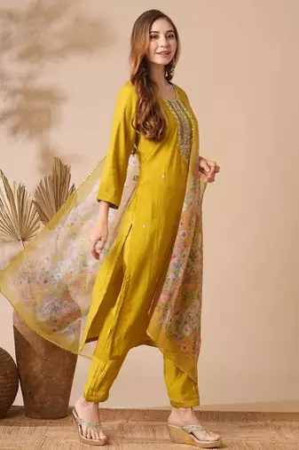 Mustard yellow chanderi cotton embroidered kurta pant dupatta set