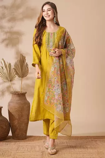 Mustard yellow chanderi cotton embroidered kurta pant dupatta set