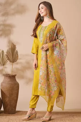 Mustard yellow chanderi cotton embroidered kurta pant dupatta set