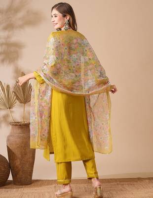 Mustard yellow chanderi cotton embroidered kurta pant dupatta set 5