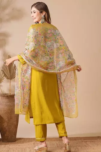 Mustard yellow chanderi cotton embroidered kurta pant dupatta set