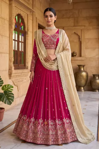 Pink Glamorous Faux Georgette Lehenga Set with Sequins & Thread Embroidery