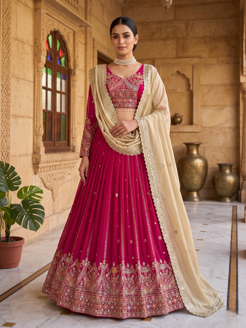 Pink Glamorous Faux Georgette Lehenga Set with Sequins & Thread Embroidery