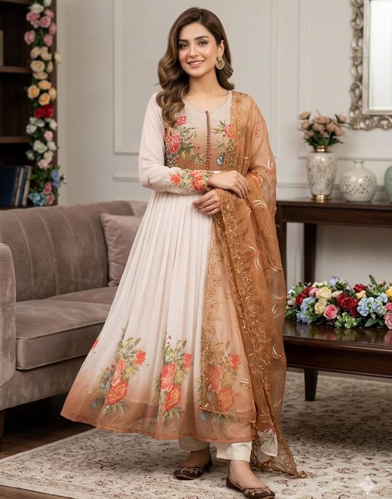 White faux georgette hand embroidery gown set