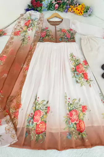 White faux georgette hand embroidery gown set
